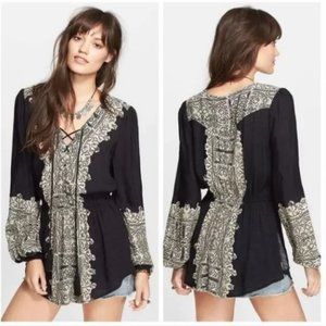FREE PEOPLE Boho Black Batik Style Wildest Moments Tunic Drop Waist Sz XS